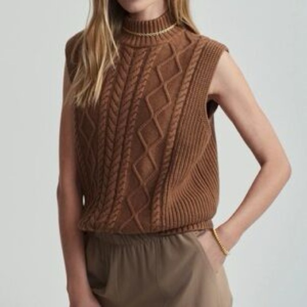 Varley Joliette Brown Cable Knit Sleeveless Vest
